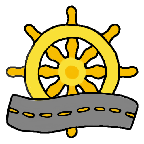 dharma wheel with a slightly curved road with a yellow dotted line down the middle in front of it